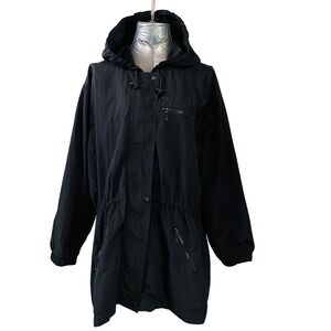 Eddie Bauer Black Hooded Anorak Jacket Women Lg Drawstring Waist Zip Pockets